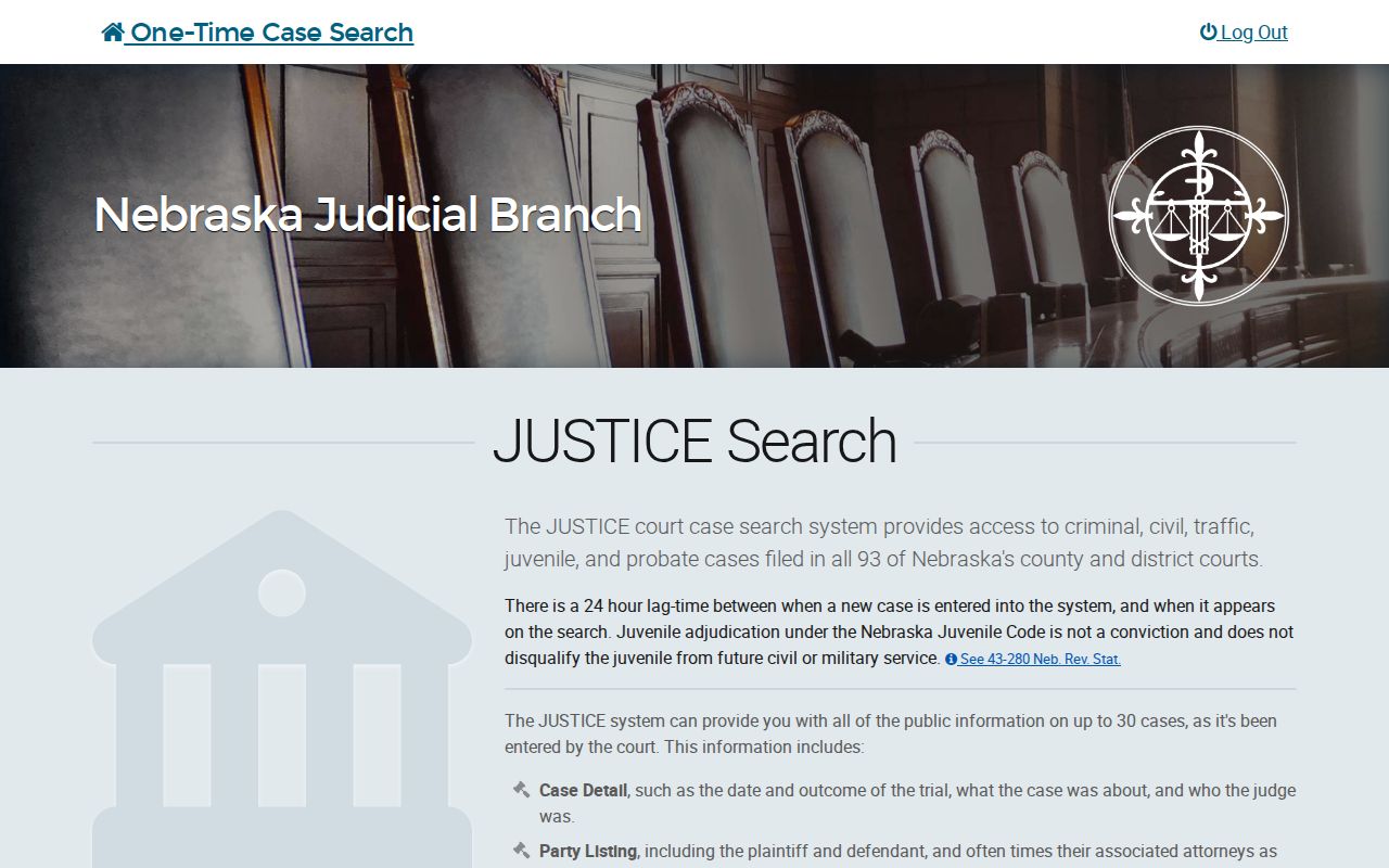 Boyd County case search through the Nebraska JUSTICE one-time search page