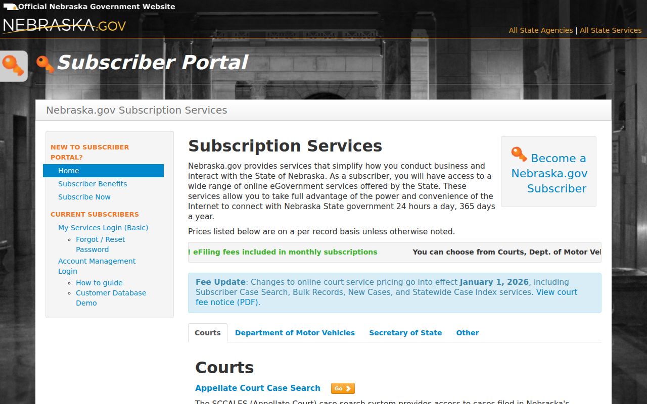 Boyd County case search subscriber fee information on Nebraska.gov