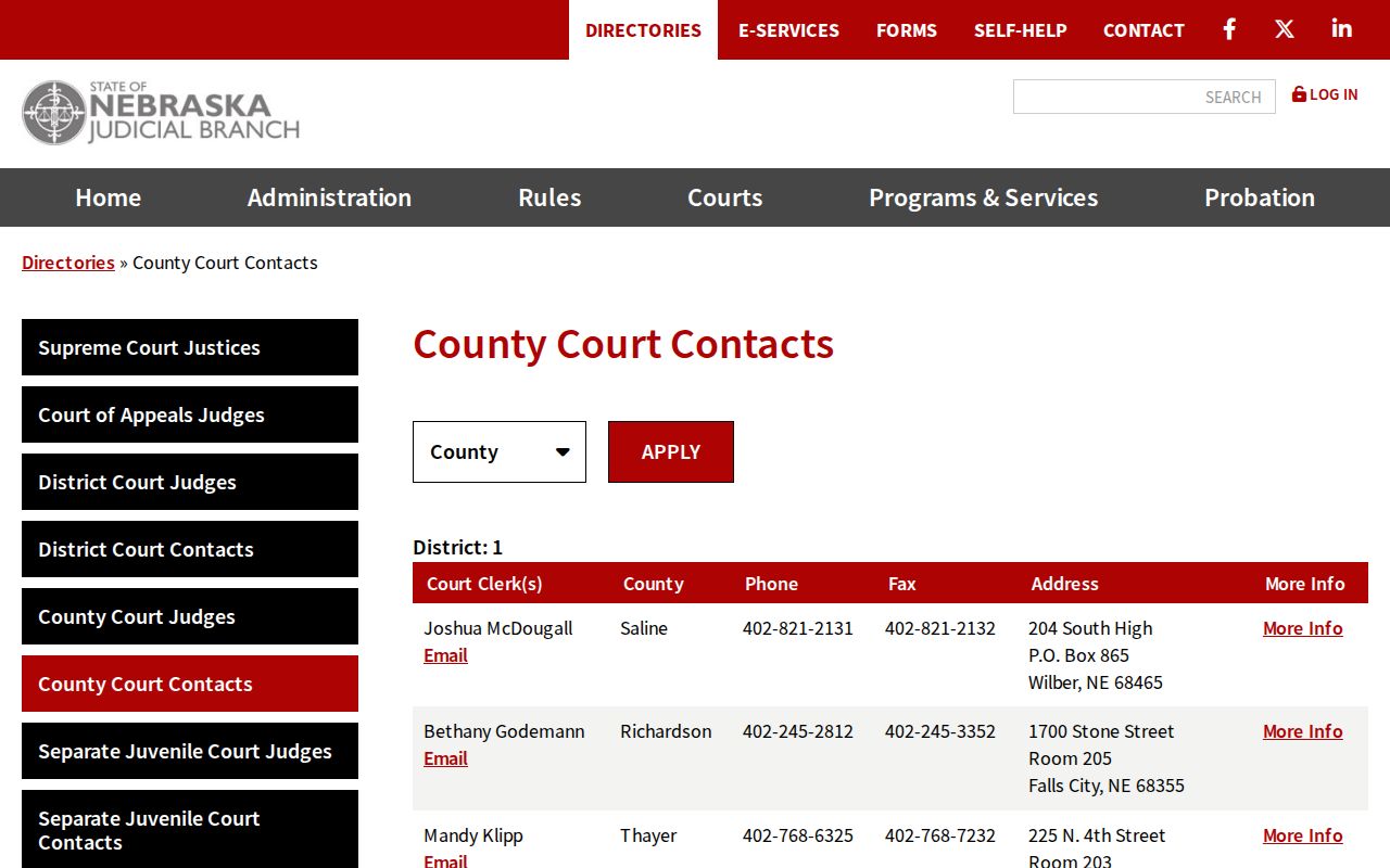Boyd County Court calendar contact listing for County Court