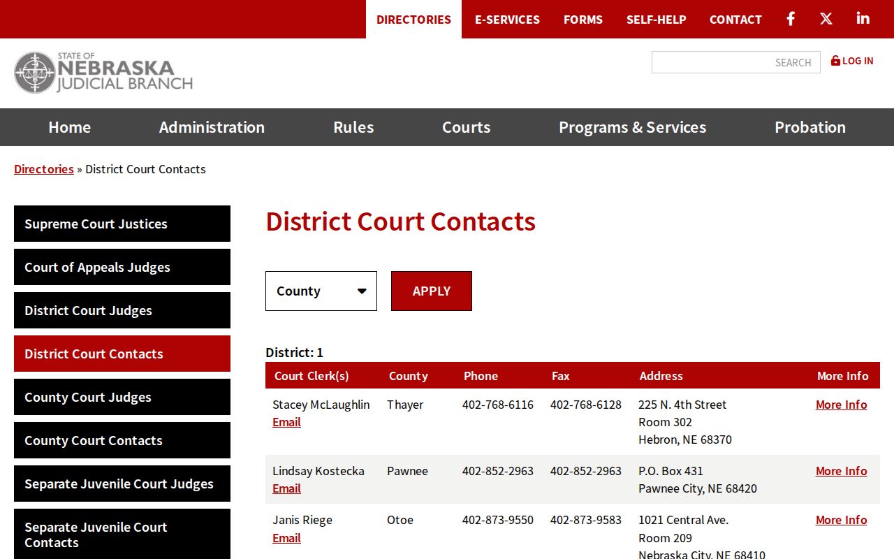 Boyd County District Court calendar contact listing for Tracy Reiser