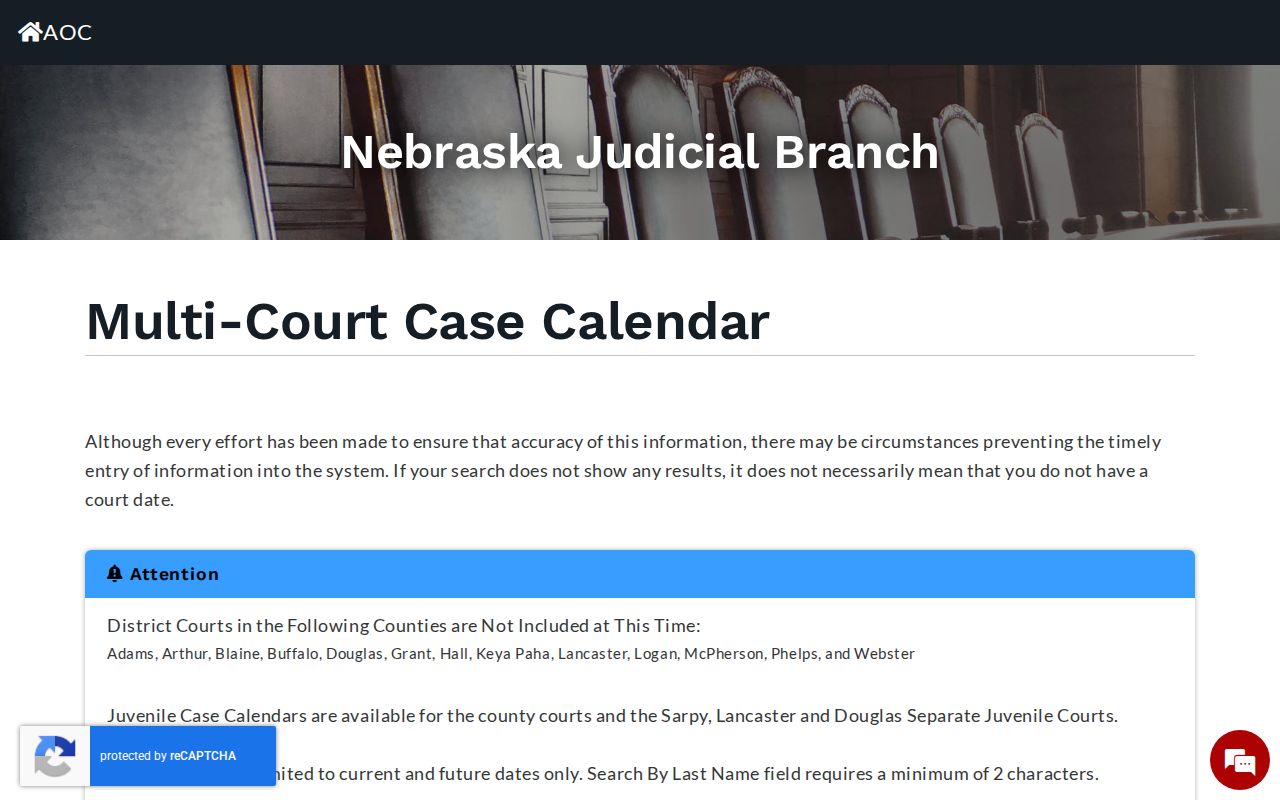 Boyd County court calendar search controls for County Court and District Court