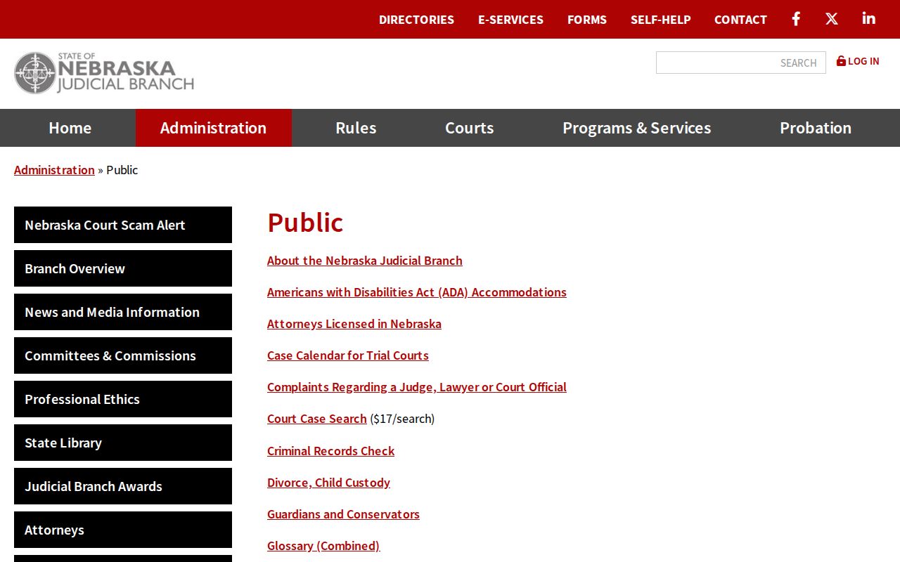 Boyd County court calendar information on Nebraska Judicial Branch public information page